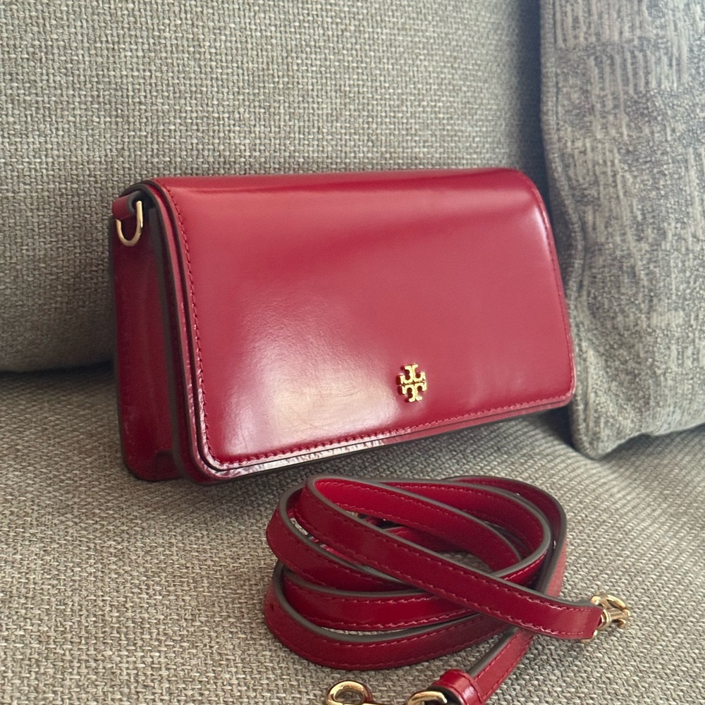 NWT Tory Burch Emerson Patent Leather Mini Crossbody Handbag In Red